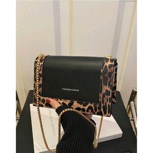 Leopard Print Crossbody Bag Black Fashion Chain‎ Shoulder Bag Purse
